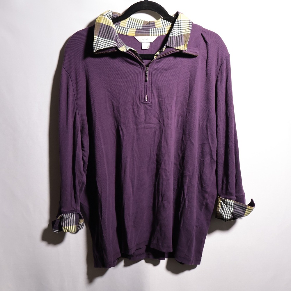 CJ Banks Womens 1X Purple Plaid Collar Quarter Zip Long Sleeve Top Preppy